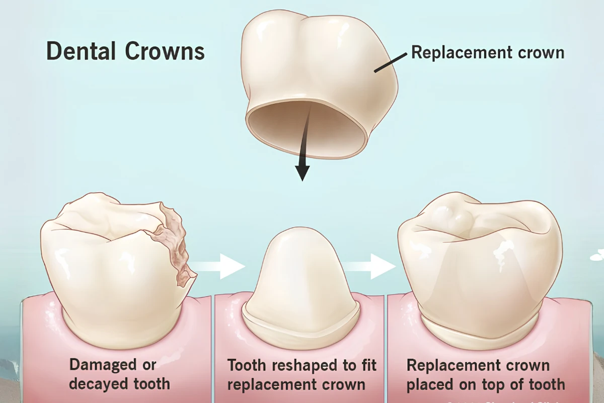 Illustration showing how a damaged tooth is reshaped and restored with a custom dental crown after treatment.