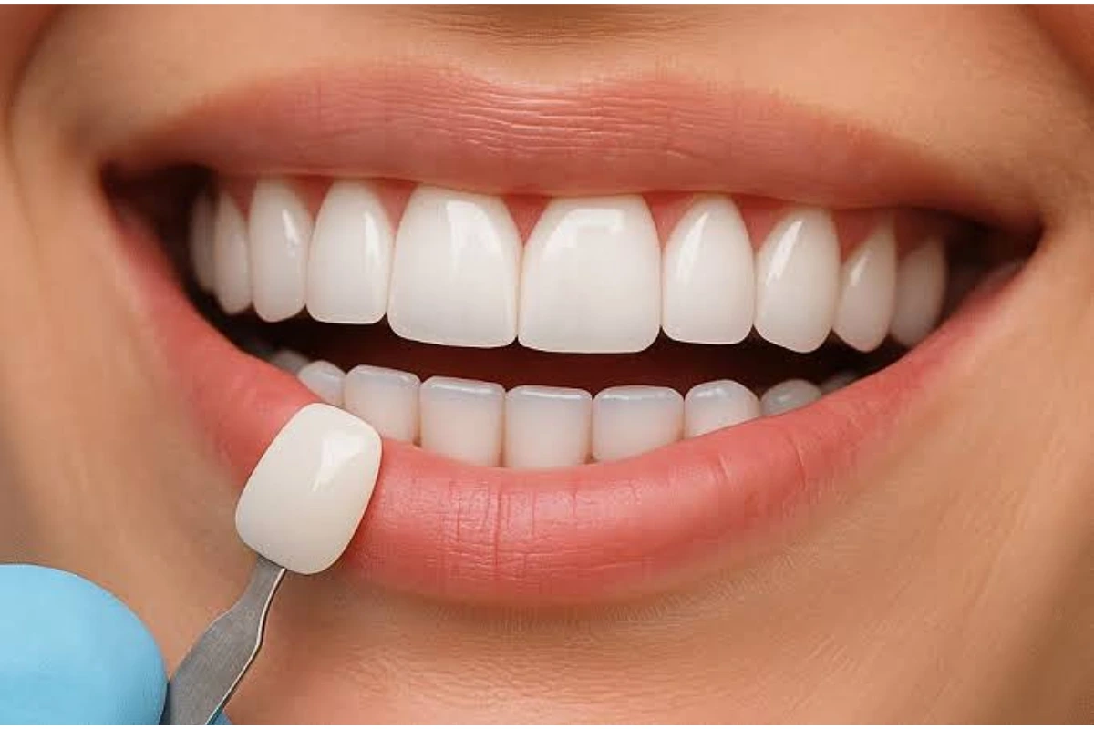 Dentist placing a porcelain veneer on a front tooth during a cosmetic dental treatment to improve smile aesthetics.
