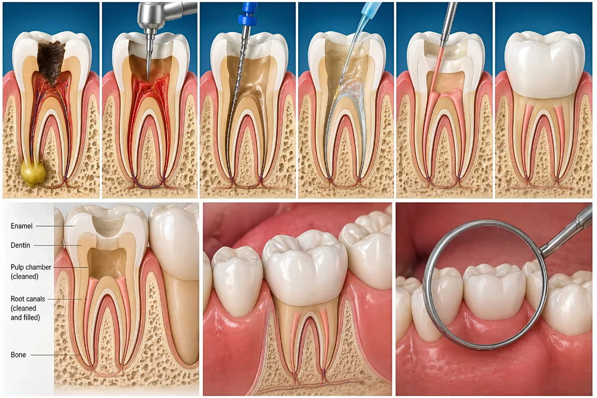 Step-by-step illustration of the root canal procedure, including cleaning, filling the canals, and placing a protective dental crown.
