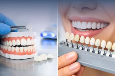 Dentist matching veneer shades using a dental shade guide and tooth model for a natural-looking smile makeover.