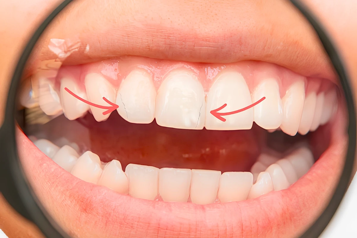 Close-up of chipped front teeth showing visible cracks and tooth damage