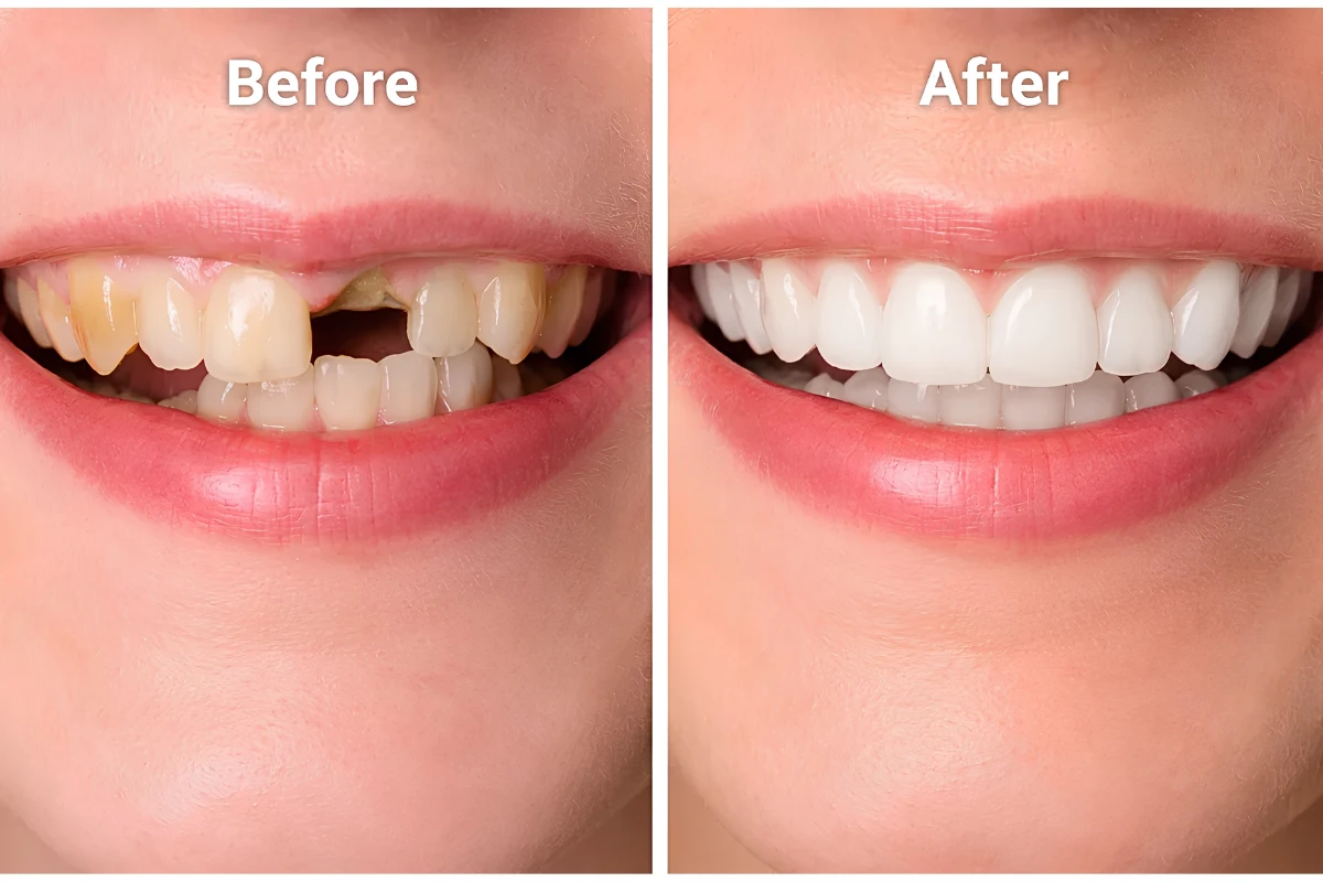 Before and after comparison showing improved tooth appearance following dental crown restoration