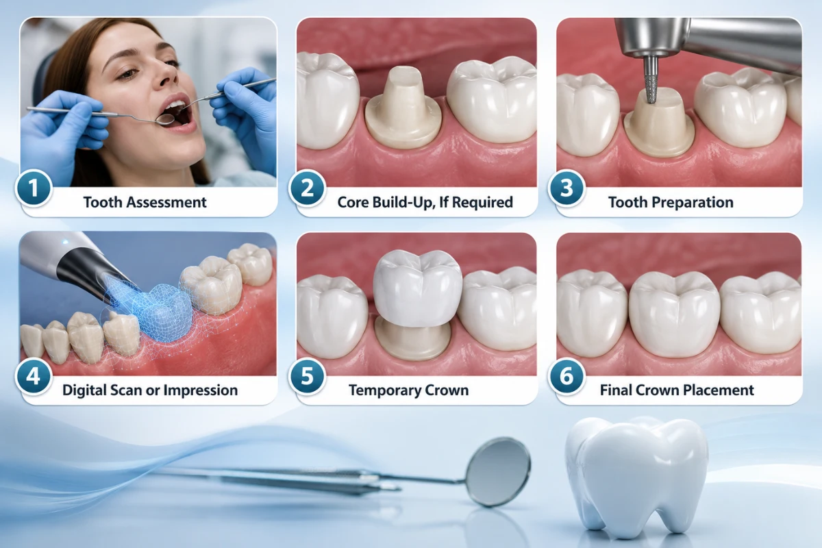 Six-step dental crown procedure after root canal treatment, from tooth assessment and preparation to final crown placement