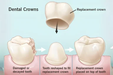 Dental crown replacement process showing a damaged tooth reshaped and restored with a replacement crown