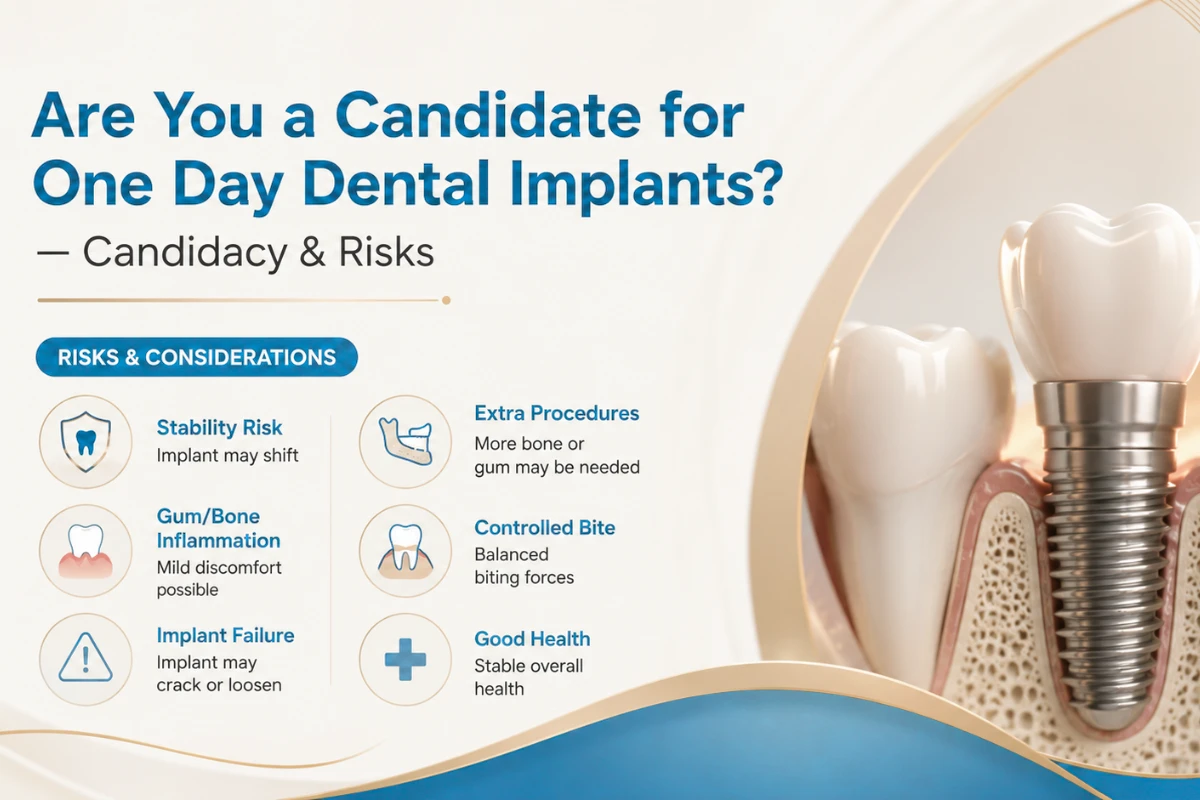 Dental implant illustration showing an implant crown with key candidacy risks and considerations for same-day dental implants