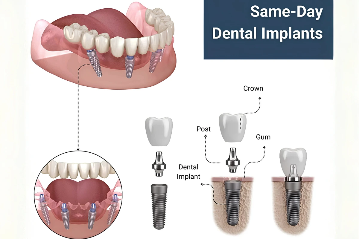 Diagram showing the dental implant, post, gum, and crown used in same-day dental implant treatment