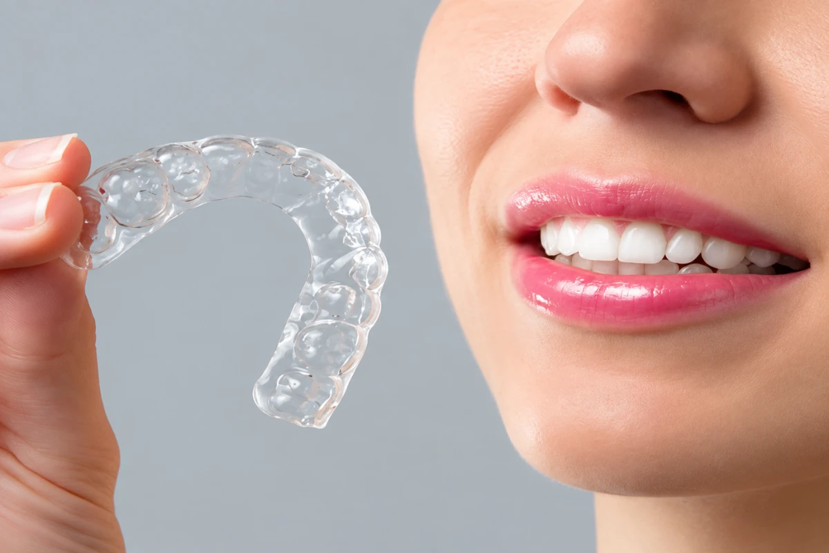 Patient holding a custom-made clear aligner tray next to a straight, white smile for discreet teeth straightening in Dubai