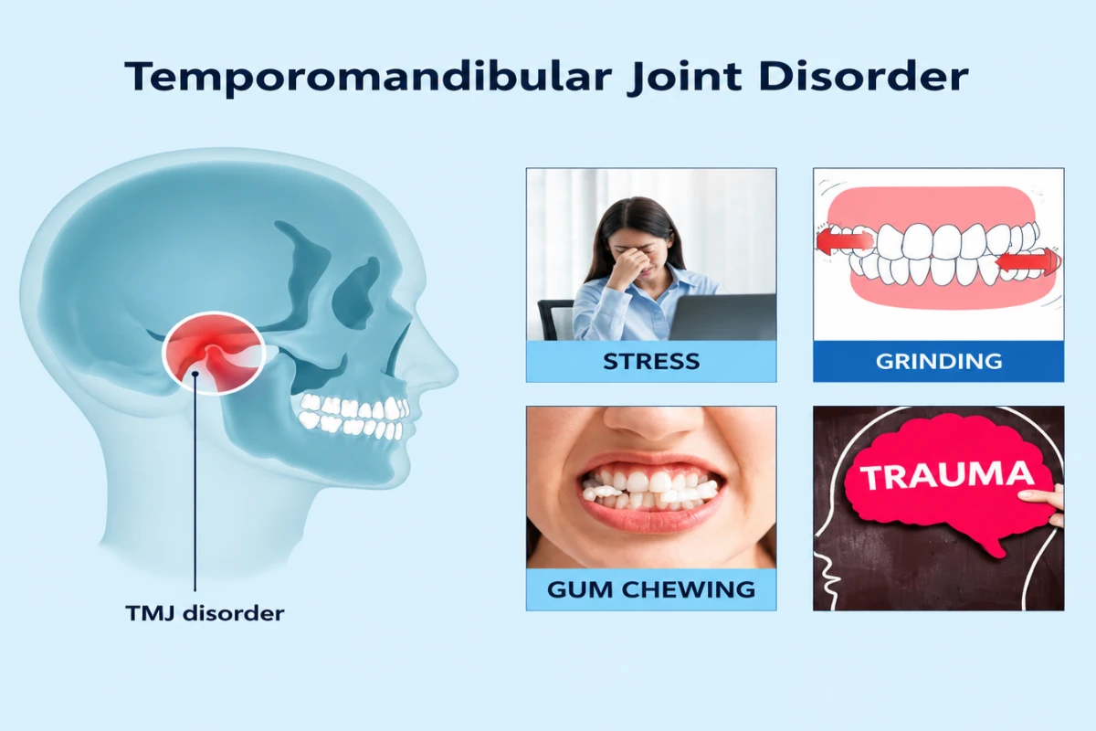 Infographic illustrating temporomandibular joint disorder anatomy along with common causes like stress, teeth grinding, and trauma